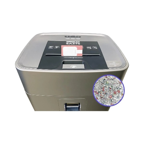 Шредер Office Kit SA375 серый/черный с автоподачей (секр.P-4) фрагменты 375лист. 42лтр. скрепки скобы пл.карты CD