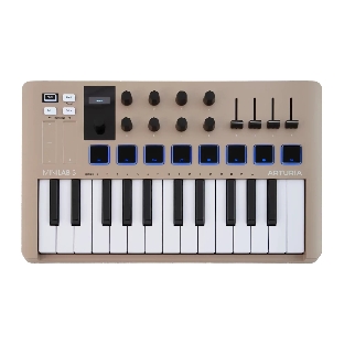 Клавиатура MIDI 231508 Arturia MiniLAB 3 Champagne 25 клавиш, 8 энкодеров, 8 RGb пэдов, 8 фейдеров, дисплей, сенсорные регуляторы Pitch/Modulation, MIDI-выход, 1/4" Jack вход педали, режим Chord, арпеджиатор, USB-C