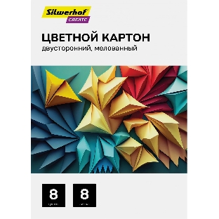 Картон цветной Silwerhof двусторонный мелованный, 8л. 8цв. A4 CREATE папка
