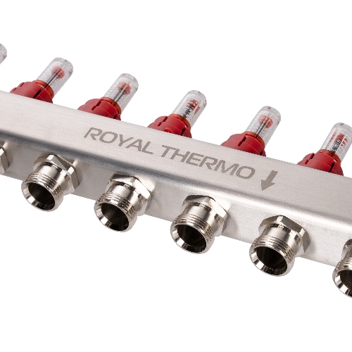 Коллектор Royal Thermo нерж. в сборе с расходомерами 1" ВР-3/4" НР с автомат. воздухоотвод-ми 8 вых.
