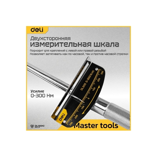Динамометрический ключ Deli DL300 0-300Нм, 1/2";, длина 480мм, головка Cr-V, противоскользящая рукоятка