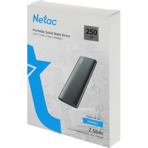 Внешний SSD Netac Z SLIM, 250 Gb, USB 3.2 Gen 2 Type-C, R/W 550/480, черный