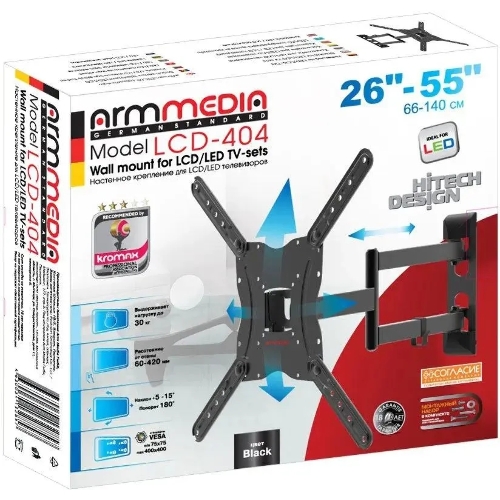 Кронштейн для телевизора Arm media LCD-404 new черный, 26"-55", max 30 кг, VESA 400x400 мм