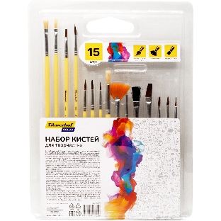 Набор кистей Silwerhof Color (набор 15шт) пони круглая №1,2,3,4,5/плоская №1/2, 1/4, 4/круглая №3,5/плоская №1/2, 4, 8/синтетика веерная №4