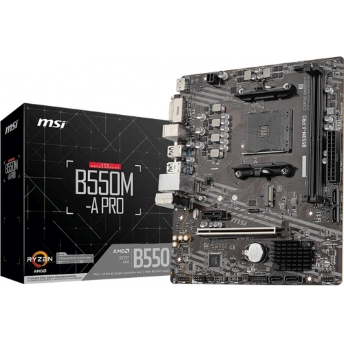 Материнская плата MSI B550M-A PRO, AM4, AMD B550, 2xDDR4, 4xSATA, 1xM.2, 1xPCIe 4.0 x16, 1xPCIe x1, 1xDVI-D, 1xHDMI, 1x 1Gb LAN, 2xUSB 2.0, 4xUSB 3.2 Gen 1, 3x3.5 мм, 7.1, mATX
