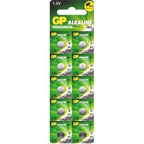 Алкалиновые пуговичные батарейки GP A76 (A76FRA-2C10250/5000) 10шт на отрывном блистере
