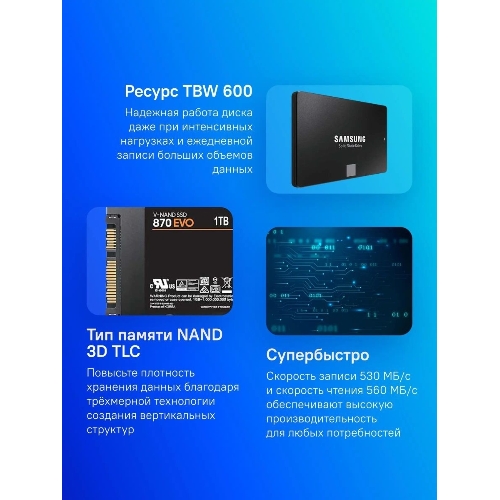 Накопитель SSD Samsung 870 EVO, 1Tb, SATA III, 2.5", R/W 560/530