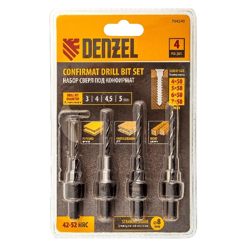 Набор сверл под конфирмат Denzel 3-5 мм, 4 шт