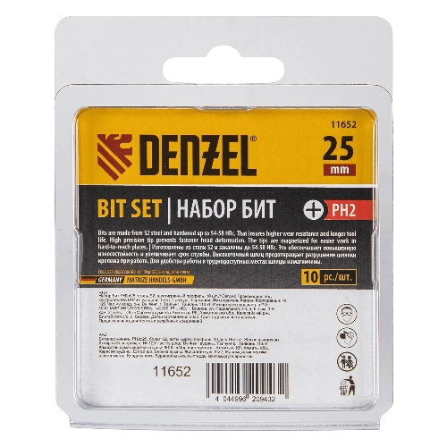 Набор бит Denzel PH2х25, сталь S2, шестигранный профиль, 10 шт.