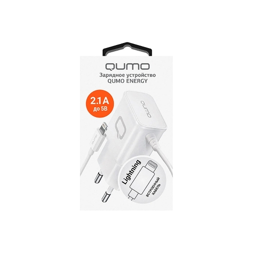 Сетевое зарядное устройство Qumo Energy (Charger 0026) 2.1A, встроенный кабель Lightning 8 Pin, белый