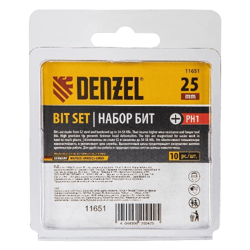 Набор бит Denzel PH1х25, сталь S2, шестигранный профиль, 10 шт.