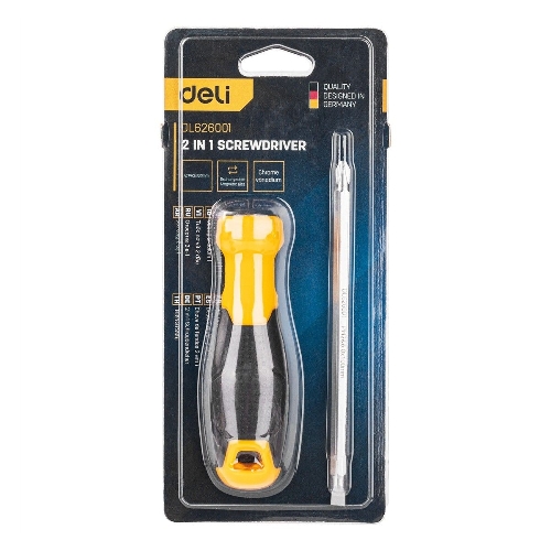 Двухсторонняя отвертка Deli DL626001 PH2+SL6x100 мм Спецификация продукта.: 6/PH2x100мм. Материал хвостовика: Cr-V. Длина: 210 мм. Длина: 100 мм. Диаметр хвостовика: 6,3 мм.