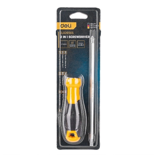 Двухсторонняя отвертка Deli DL626150S PH2+SL6x150 мм Спецификация продукта.: 6/PH2x150мм. Материал хвостовика: Cr-V. Длина: 260 мм. Длина: 150 мм. Диаметр хвостовика: 6,3 мм.