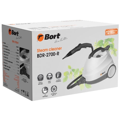Пароочиститель Bort BDR-2700-R, 2200 Вт; 4 бар; Постоянная подача пара 45 г/мин; Температура пара 143 °С; Емкость бачка 1200 мл; Объем бойлера 1,5 л; Время нагревания 360 с; Время непрерывной работы 35 мин; Длина шланга 2 м; Длина шнура питания 3 м; Размер 400x285x260 мм; Напряжение 220 В; Частота тока 50 Гц; Вес изделия 7,5 кг; Пароочиститель; Конструкция Напольный; Материал Корпуса Пластик; Съемный резервуар для воды;;;; автовыключение; Защита от перегрева; индикация низкого уровня воды;;; Вес брутто=5,5 (Вес нетто=5) кг; 55 x 35 x 36; набор аксессуаров 14 шт; Индикатор нагрева, Электронная система контроля уровня воды, Быстрый нагрев, Блокировка выключателя во включенном состоянии, Набор насадок в комплекте, Возможность долива воды; гарантия 2 г 93412987