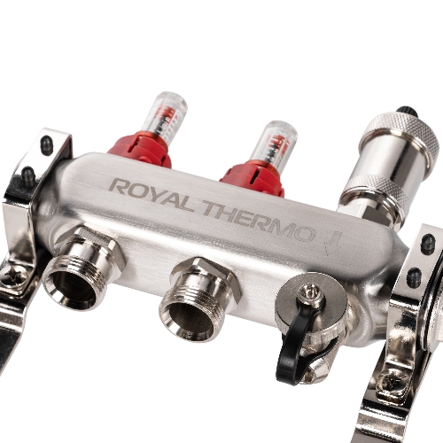 Коллектор Royal Thermo нерж. в сборе с расходомерами 1" ВР-3/4" НР с автомат. воздухоотвод-ми 2 вых.