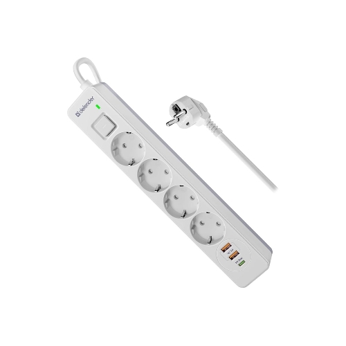 Удлинитель с сетевым фильтром Defender DFS 143, белый, 4розетки, USB+TypeC, 3 м.