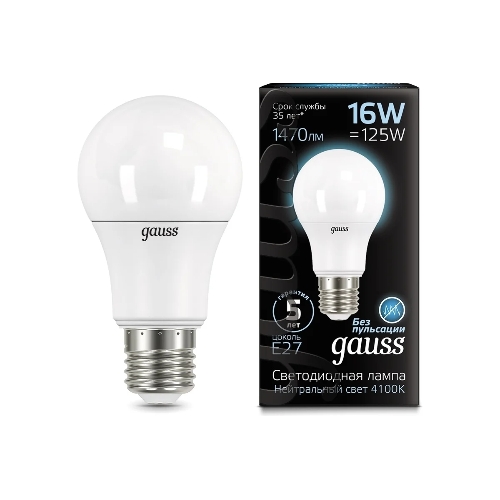 Лампа светодиодная Gauss LED A60 16W E27 1470lm 4100K 1/10/50