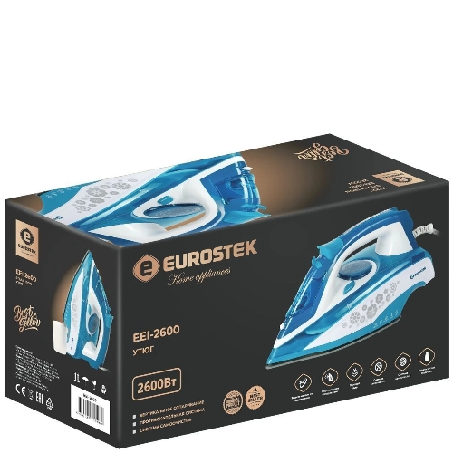 Утюг Eurostek EEI-2600 синий/белый, 2600 Вт, 45 г/мин, 140 г/мин, 350 мл