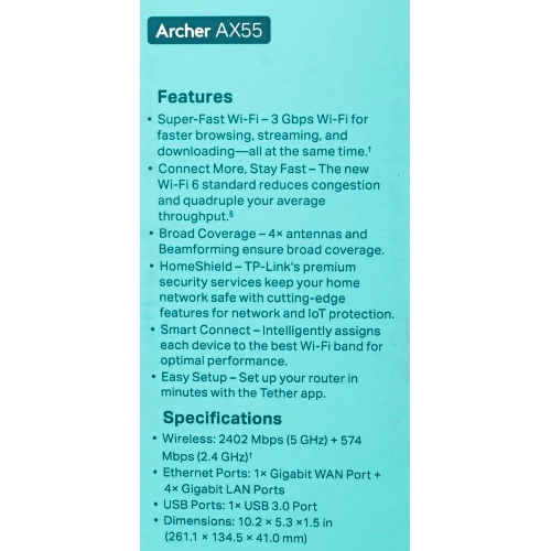 Роутер беспроводной TP-Link Archer AX55 AX3000 10/100/1000BASE-TX черный