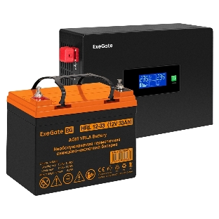 Комплект Источник бесперебойного питания EX295992RUS + батарея 33Aч EX285664RUS 1шт (инвертор, синус, для котла, PF=1, настенный) ExeGate IdealSine SR-600.LCD.2SH <600VA/600W, чистая синусоида, цветной LCD-дисплей, 2*Schuko, крепление настенное, Black> + батарея ExeGate HRL 12-33 (12В, 33Ач) 1шт