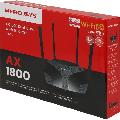 Роутер Mercusys MR70X AX1800 Dual-Band WiFi 6 Router, 574 Mbps at 2.4 GHz + 1201 Mbps at 5 GHz,4× Fixed External Antennas, 3× Gigabit LAN Ports, 1× Gigabit WAN Port, 1024-QAM, OFDMA, Router/Access Point Mode, MU-MIMO, WPA3, TWT, BSS Color