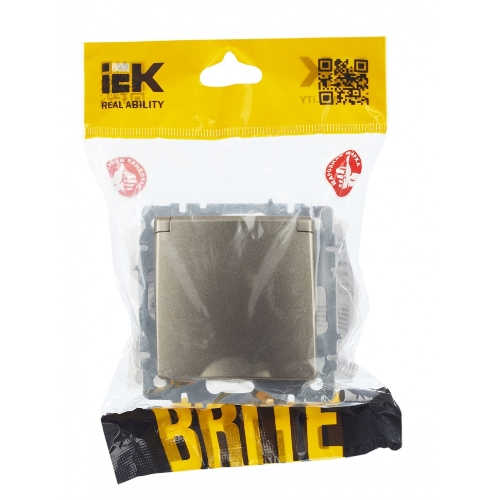 Розетка 1-местная IEK BRITE РСбш10-3-44-БрШ с заземлением, с защитными шторками и крышкой, 16А, IP44, шампань
