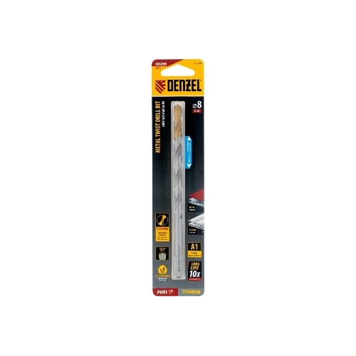 Сверло спиральное по металлу Denzel 8 х 165 мм, Р6М5, Golden Tip, удлиненное