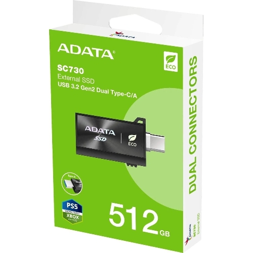 Внешний SSD ADATA SC730, 512 Gb, USB 3.2 Gen 2 Type-A/Type-C, R/W 600/600, черный