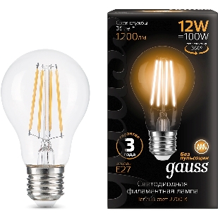 Лампа светодиодная Gauss Filament 102902112 12Вт цок.: E27 груша 185B св. свеч. белый теп. грушевидная (упак.: 10 шт)