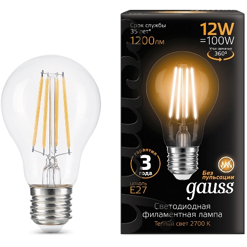 Лампа светодиодная Gauss Filament 102902112 12Вт цок.: E27 груша 185B св. свеч. белый теп. грушевидная (упак.: 10 шт)