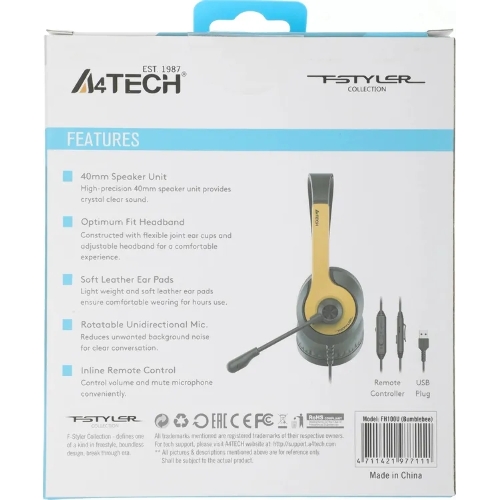 Гарнитура A4Tech Fstyler FH100U желтый/черный, проводная