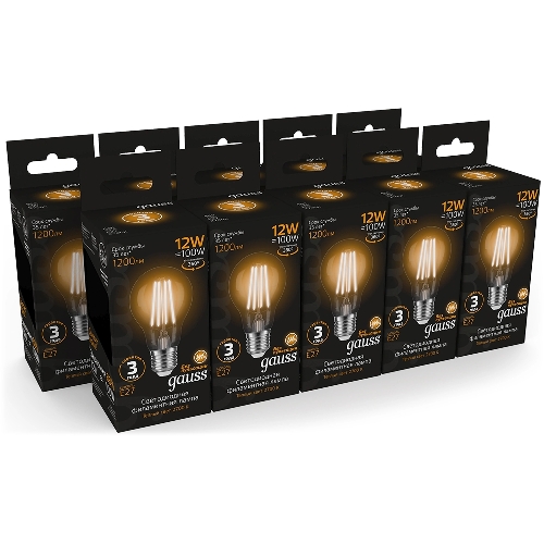 Лампа светодиодная Gauss Filament 102902112 12Вт цок.: E27 груша 185B св. свеч. белый теп. грушевидная (упак.: 10 шт)