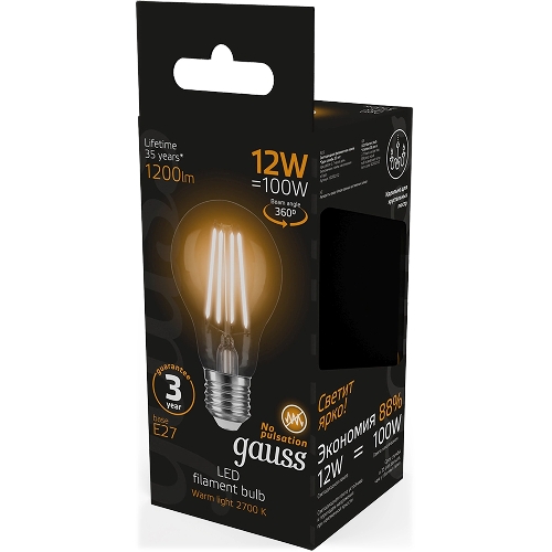 Лампа светодиодная Gauss Filament 102902112 12Вт цок.: E27 груша 185B св. свеч. белый теп. грушевидная (упак.: 10 шт)