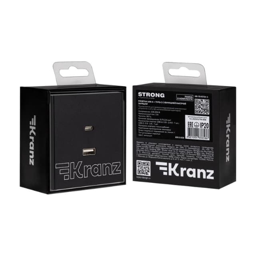 Розетка Kranz STRONG USB-A+Type-C 3А с функцией быстрой зарядки антрацит