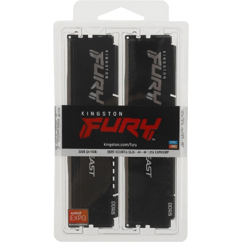 Оперативная память Kingston Fury Beast, DDR5, 32Gb (2x16Gb), 6000MHz, CL36, DIMM, с радиатором, черный