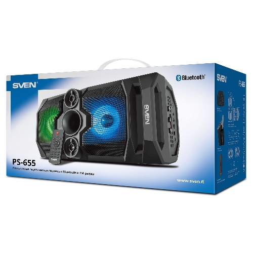 Мобильные колонки SVEN PS-655 2.0 черные (2x25W, mini Jack, USB Type-C, USB flash, Bluetooth, FM, micro SD, ПДУ, LED экран, 4400 мA, RGB подсветка)