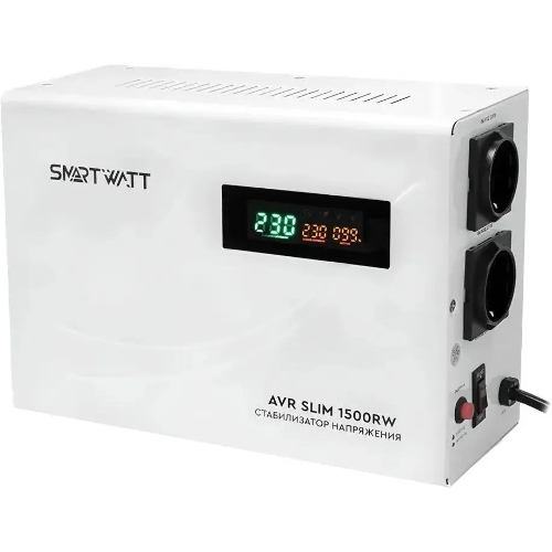 Настенный стабилизатор напряжения SMARTWATT AVR SLIM 1500RW (100W - 260W, 1500VA, 1.5 кВт, 50 Гц, розеток - 2, LED-диспл