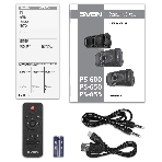 Мобильные колонки SVEN PS-655 2.0 черные (2x25W, mini Jack, USB Type-C, USB flash, Bluetooth, FM, micro SD, ПДУ, LED экран, 4400 мA, RGB подсветка)