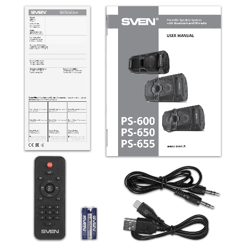 Мобильные колонки SVEN PS-655 2.0 черные (2x25W, mini Jack, USB Type-C, USB flash, Bluetooth, FM, micro SD, ПДУ, LED экран, 4400 мA, RGB подсветка)