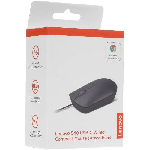 Мышь проводная Lenovo 540 синий, 2400 dpi, USB-C, кнопки - 4