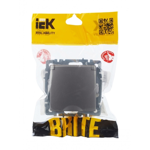 Розетка 1-местная IEK BRITE РСбш10-3-44-БрС с заземлением, с защитными шторками и крышкой, 16А, IP44, сталь