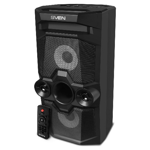Мобильные колонки SVEN PS-655 2.0 черные (2x25W, mini Jack, USB Type-C, USB flash, Bluetooth, FM, micro SD, ПДУ, LED экран, 4400 мA, RGB подсветка)