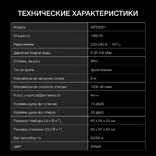 Стиральная машина Hyundai WFE8201 белый, загр. фронтальная макс.: 8 кг 1200 об/мин класс: А+++