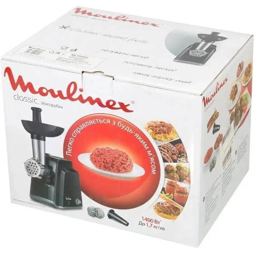 Мясорубка электрическая Moulinex ME105830 черный, 1400 Вт, 1.7 кг/мин, реверс, защита от перегрузки, насадки - 3