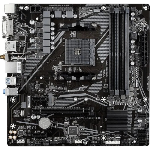 Материнская плата Gigabyte A520M DS3H AC, AM4, AMD A520, 4xDDR4, 4xSATA, 1xM.2, 1xPCIe 3.0 x16, 2xPCIe x1, 1xHDMI, 1xDP, 1xDVI-D, 1x 1Gb LAN, Wi-Fi, Bluetooth, 4xUSB-A 3.2 Gen 1, 2xUSB-A 2.0, 3x3.5 мм, 7.1, mATX