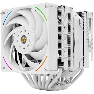 Кулер для процессора Thermalright Royal Pretor 130 Ultra White (4-pin PWM, 158mm, Ni/Cu, 7x6mm, 1x120mm ARGB +1x130mm, 69CFM/81.88CFM, 27dBA/28.3dBA, 2150RPM/1750RPM, S: 1200, 1700, 1851, 115X, 2011, 2066, AM4, AM5, white)