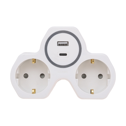Двойник Rexant электрический (разветвитель) 16А с/з + USB-A + USB-C с защитными шторками, белый