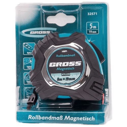 Рулетка Gross Magnetisch, 5 м х 19мм, обрезин. корпус, автоматич. фиксация, нейлон. покр., магн. зацеп