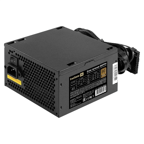 Блок питания 450W ExeGate 80 PLUS Bronze 450PPH (ATX, APFC, КПД 88% (80 PLUS Bronze), 12cm fan, 24pin, (4+4)pin, 2xPCI-E, 3xSATA, 3xIDE, черный, Color Box)