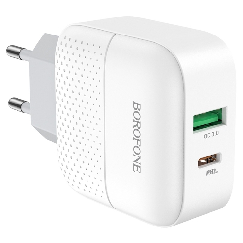 Сетевое зарядное устройство BOROFONE BA46A Premium, один порт USB, один порт Type-C, PD, 18W, 5V, 3.0A, белый
